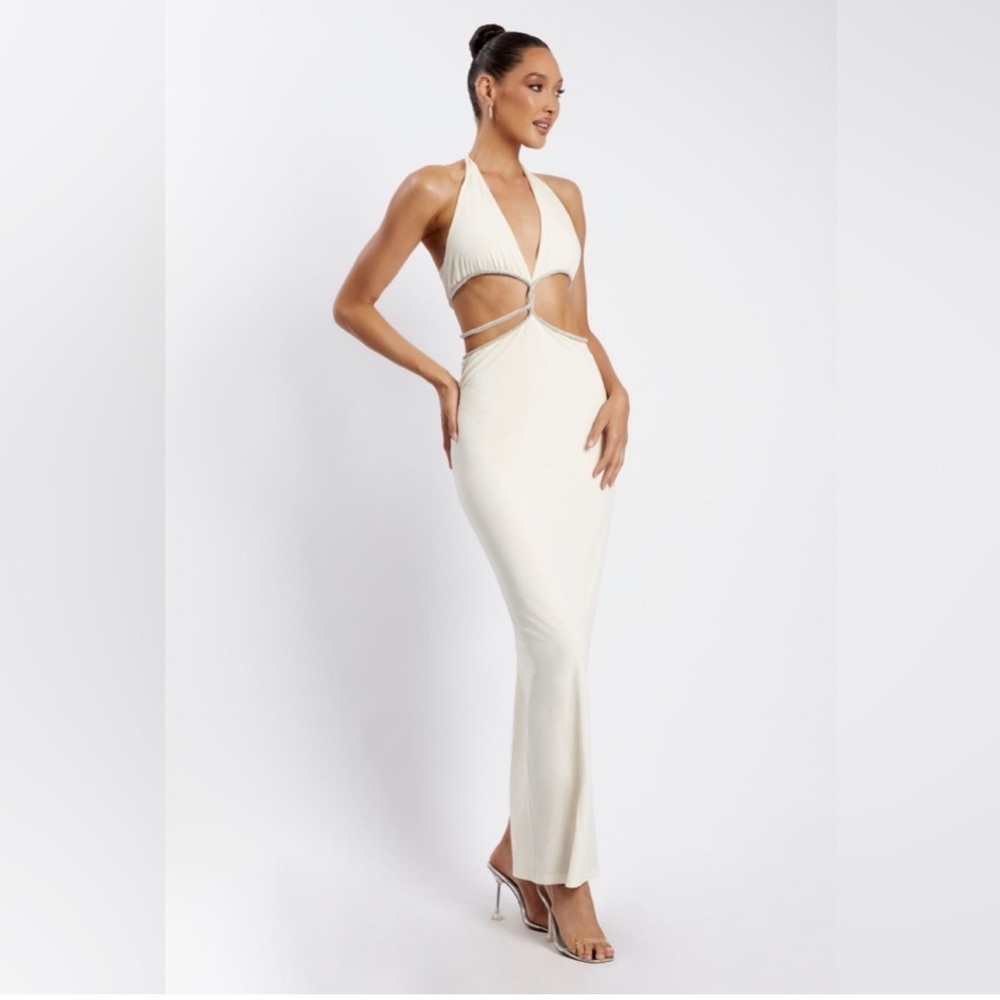 Meshki: Elegant Cream Halter Cut-Out Dress